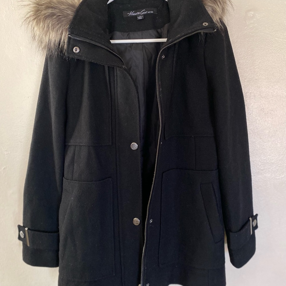Kenneth Cole Women's Black Wool Fur Hood Trim Winter Coat Jacket, Size Small - Picture 2 of 5